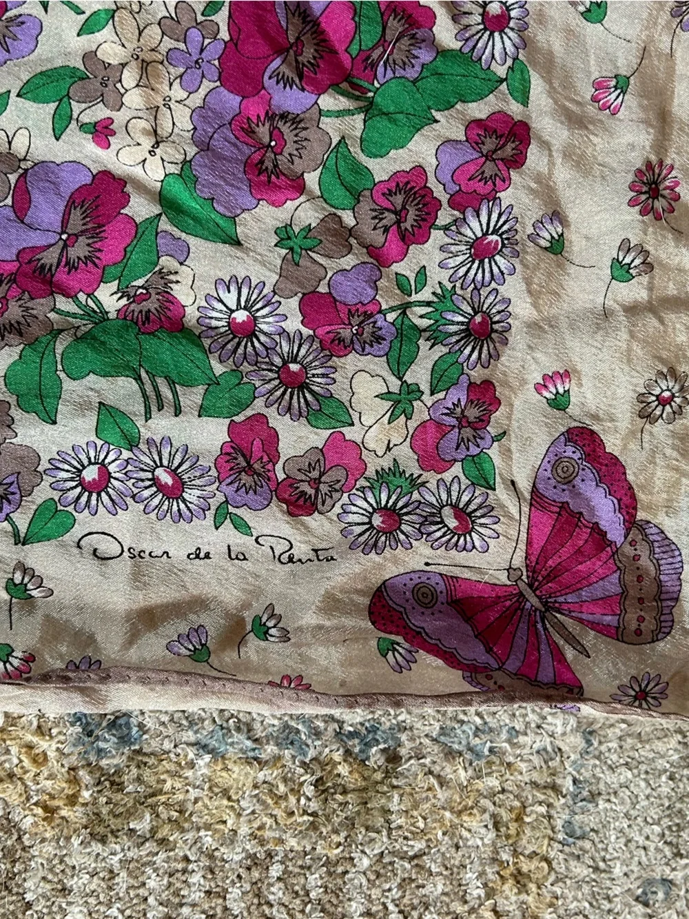 Oscar de la Renta Floral & Butterfly Silk Scarf in Cream, Pink & Green